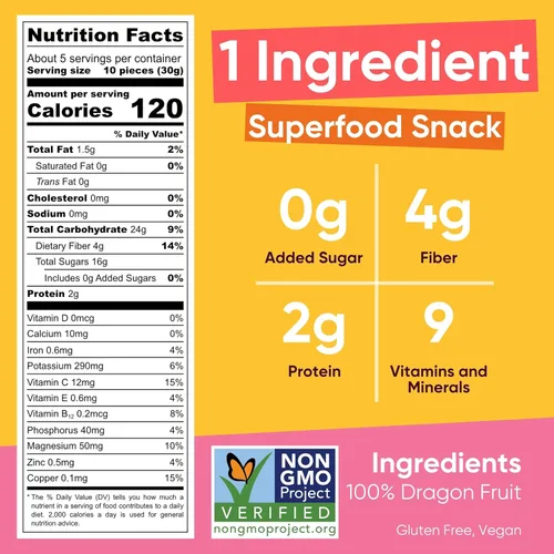 Vista 2 de Yammy Chips de fruta del dragón seca para refrescos (paquete de 5.6 oz, 4 unidades) - Como piezas de fruta del dragón liofilizada - Snack saludable