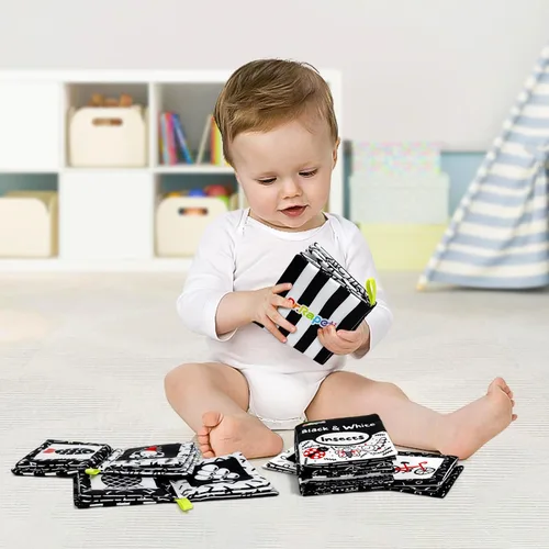 Vista 7 de Dr.Rapeti Libros de tela suave para bebés, libros de baño, paquete de 6 para bebés, niños pequeños, de alto contraste, blanco y negro, arrugado