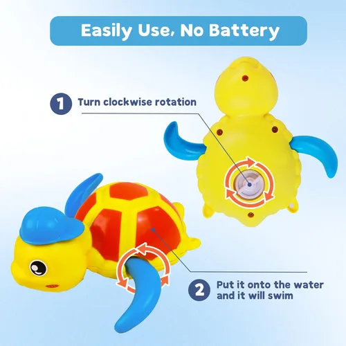 Vista 4 de Cuterabit Juguetes de baño para bebés, tortuga y pato flotantes de cuerda para natación, juguetes para la bañera, juguetes de piscina, juguetes