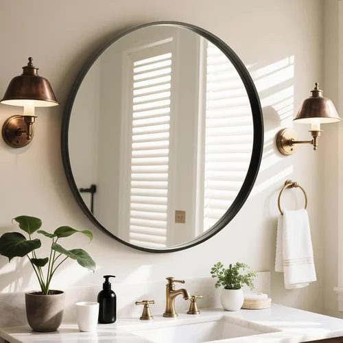 Vista 18 de WallBeyond Espejo redondo negro de madera de 24 pulgadas, espejo de pared circular para baño, espejo de pared redondo para decoración de pared