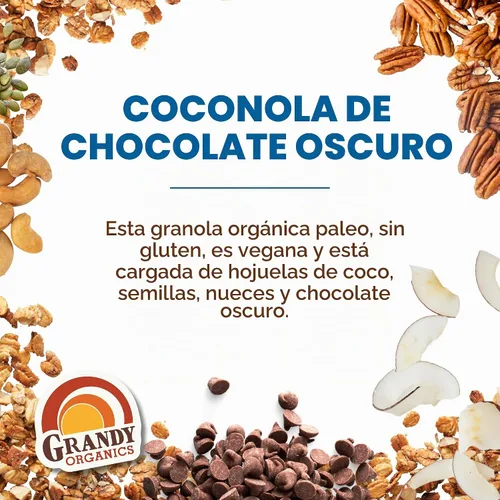 Vista 3 de Grandy Organics Chocolate oscuro y coconola - Granola orgánica certificada sin cereales - 0.27 oz de proteína - Sin gluten, sin OMG, vegano y paleo