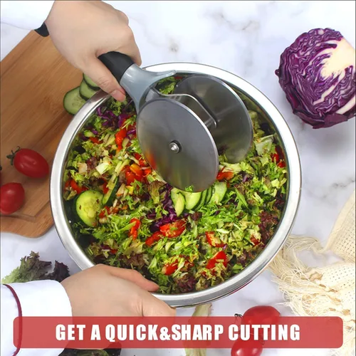 Vista 5 de AItaf Herramienta para picar ensaladas, picador de lechuga con cubiertas protectoras, ruedas dobles, cortador circular de acero inoxidable