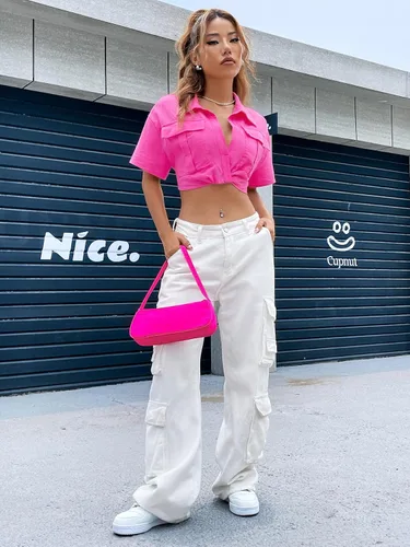 Vista 5 de Verdusa Blusa corta de manga corta con cuello y solapa y bolsillo frontal para mujer