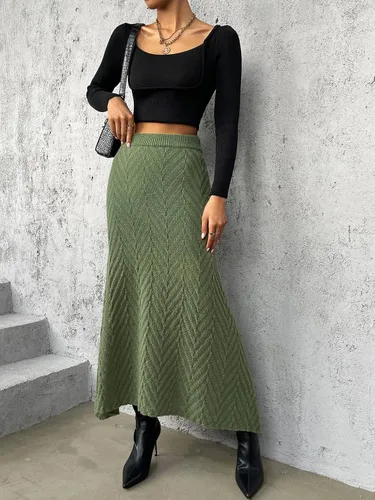 Vista 5 de SweatyRocks Falda larga de punto texturizado de cintura alta para mujer, elegante dobladillo asimétrico