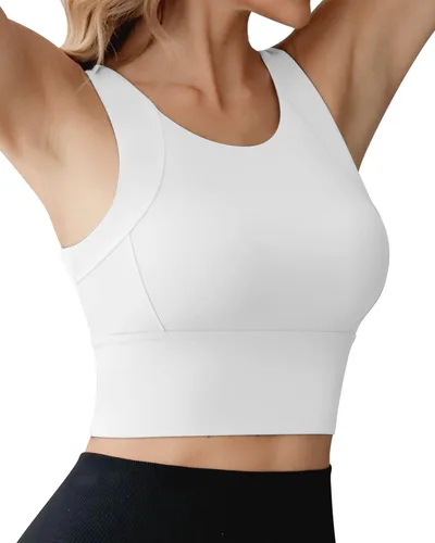 Vista 3 de Ama Larsi Sujetador deportivo de cuello alto para mujer, de corte largo, de impacto medio, sin varillas, acolchado, para yoga, gimnasio
