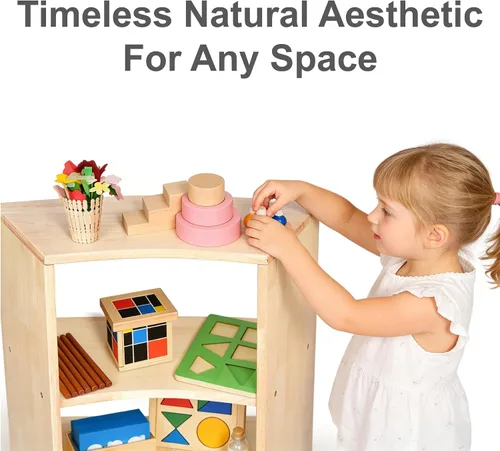 Vista 9 de Estante de almacenamiento Montessori curvado de 3 niveles - Organizador infantil para juguetes, libros y suministros de arte, muebles de gabinete