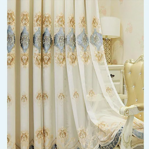 Vista 2 de Amidoudou 1 par de cortinas europeas de doble capa con cortinas transparentes para sala de estar, dormitorio, cortinas opacas bordadas de lujo Beige