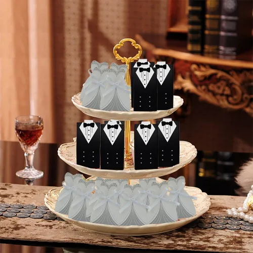 Vista 6 de cnomg 100 piezas de vestido de recuerdo de boda y esmoquin novia y caja de dulces al por mayor, caja de regalo creativa para vestido con lazo
