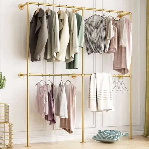 Vista 9 de Percheros de Tubo Dorado Independientes, Perchero de Ropa Moderno de Metal Resistente, Perchero Fácil de Montar para Colgar en Boutiques