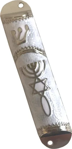 Vista 3 de Holy Land Market Sello Mesiánico - Funda para mezuzá de 4 pulgadas con pergamino incluido, mezuzá judía pequeña (negro - marco dorado)