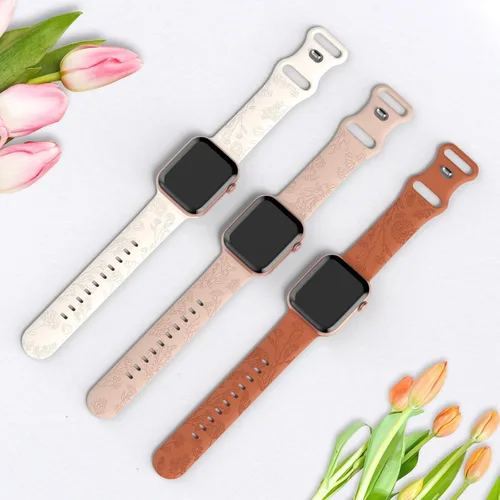 Vista 2 de Paquete de 3 correas de silicona grabadas florales compatibles con Apple Watch Band de 1.496 pulgadas, 1.575 pulgadas, 1.614 pulgadas, 1.654