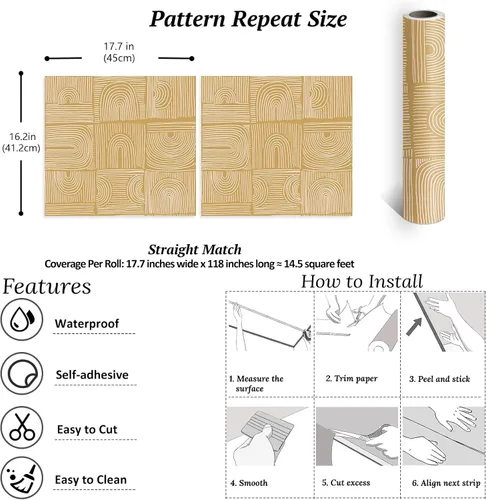 Vista 6 de VEELIKE Papel tapiz geométrico bohemio con arcos amarillos para despegar y pegar, extraíble, para dormitorio, baño, 17.7 x 118 pulgadas, papel tapiz