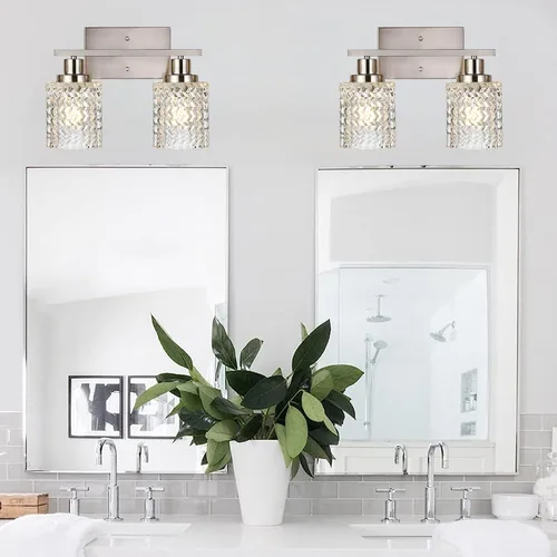 Vista 5 de MELUCEE Aplique de pared de 2 luces con pantalla de vidrio martillado, luces de baño de níquel cepillado sobre el espejo, accesorios de iluminación