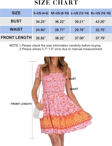 Vista 5 de ZESICA Vestido corto de playa con estampado floral bohemio de verano 2023 para mujer con tirantes delgados cuello cuadrado volantes acampanado