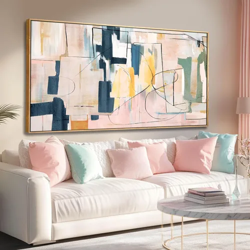 Vista 17 de Artexist Arte de Pared de Lienzo Abstracto Grande Pintura Rosa Decoración de Dormitorio Amarillo Arte Azul Marino Impresiones de Arte Fotográficas