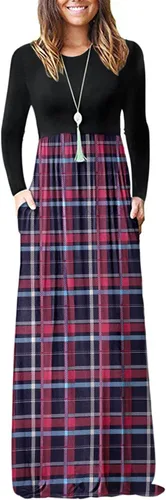 Vista 8 de Vestido de manga larga para mujer, holgado, liso, largo, estilo informal, con bolsillos. 01-verde militar