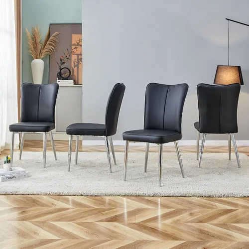 Vista 7 de Set of 4 Modern Minimalist Dining Chairs -Black PU Leather Sofa-Style Seating, Curved Backrest+ Seat Cushions,Silver Electroplated Metal