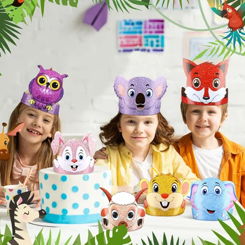 Vista 5 de Tinlade 48 sombreros de animales para niños, selva, safari, animales, de papel, coronas, diademas a granel, regalos de fiesta de cumpleaños
