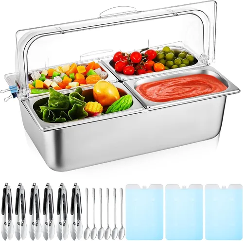 Vista 8 de Tessco for you 16 piezas de contenedor de condimentos para servir alimentos y especias, con tapa, para exhibición en mostrador, enfriado, de acero