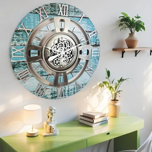 Vista 3 de ImprovingLife The Gears Reloj de pared con engranajes móviles reales línea Inglaterra (Verde Aguamarina, 24 pulgadas (60 cm))