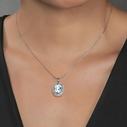 Vista 20 de Gem Stone King Collar con halo de dos filas de 5 a 10 quilates con piedra natal ovalada de 0.55 x 0.39 pulgadas en plata de ley 925 Collar