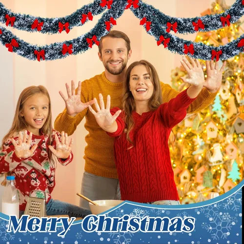 Vista 2 de Riceshoot Guirnalda de oropel de Navidad de 131.23 pies con lazo rojo metálico brillante colgante guirnalda para fiesta de Navidad, árbol, escalera