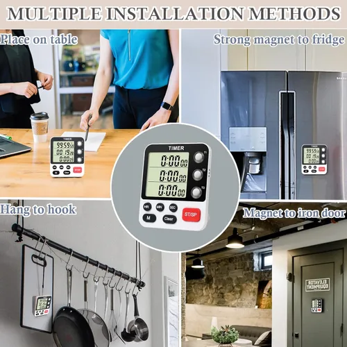 Vista 5 de QINFIEY Temporizador digital de cocina de 3 canales múltiples con cronómetro grande de cuenta LCD hacia arriba y apagado temporizador para enseñar