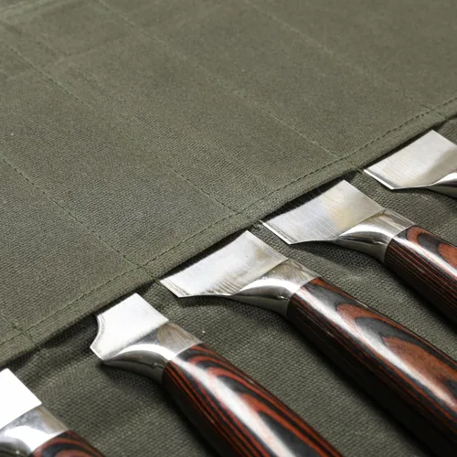 Vista 4 de Bolsa de rollo de cuchillo de lona encerada resistente, bolsa portátil para cuchillos de chef, duradera (verde militar)