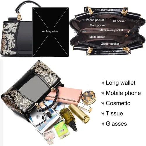 Vista 5 de XingChen Bolsos de cuero de la PU de las mujeres de la patente brillante bolsos de hombro del bordado bolsos de la moda de la cartera de la manija