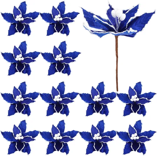 Vista 12 de Zeyune 6 Piezas Flores de Pascua Azules de Navidad Artificiales Grandes Espinas de Pascua Falsas Flores de Franela con Borde Helado para Adornos