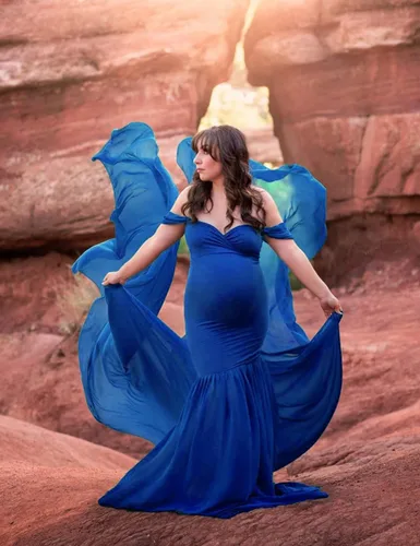 Vista 3 de Vestido de gasa de maternidad con hombros descubiertos para accesorios de fotos, vestido largo de fotografía para sesión de fotos