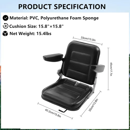 Vista 7 de Gdrasuya10 Asiento universal de tractor, negro, respaldo ajustable (30-180), puntos de masaje, material de PVC, compatible con la mayoría