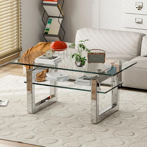 Vista 10 de IKIFLY Mesa de centro de cristal con tablas de vidrio de 2 niveles y patas de metal resistentes, mesa auxiliar rectangular de vidrio transparente