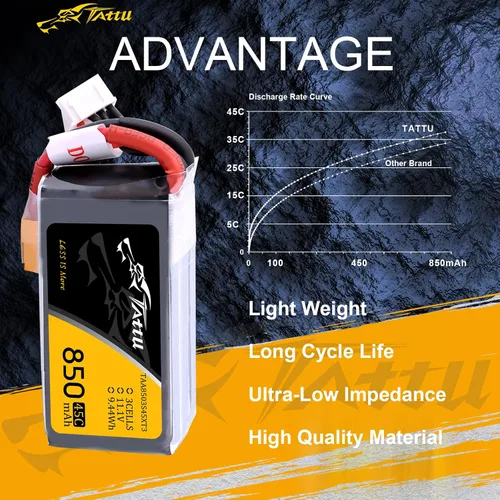 Vista 4 de TATTU 850mAh 11.1V 45C 3S LiPo Batería con XT30 Plug para Multirotor FPV 150 180 Tamaño Quadcopter