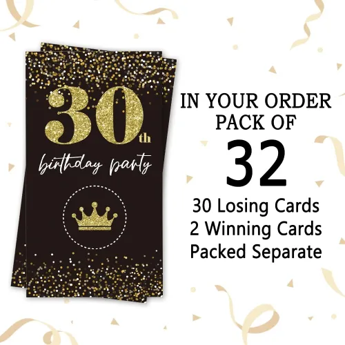 Vista 3 de REWIDPARTY Tarjetas de juego para raspar para fiesta de cumpleaños número 30 (32 piezas) Saludos a 30 años de premios para rifas, feliz fiesta