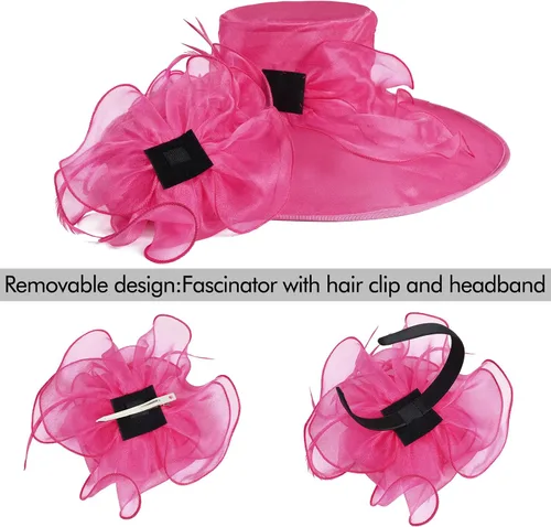 Vista 6 de Sombrero del Derby de Kentucky 2025 para mujeres y damas, tocado de plumas de velo de organza para fiesta de té, iglesia, protección UV, sombrero