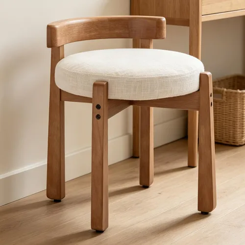 Vista 12 de DUOMAY Taburete de tocador de felpilla beige con respaldo bajo, altura del asiento de 18.75 pulgadas, otomana redonda tapizada, patas de goma