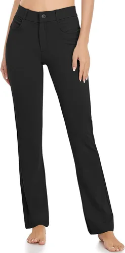 Vista 2 de HISKYWIN Pantalones de yoga para mujer, pantalones de trabajo elásticos de pierna rectacorte de bota, pantalones de oficina con bolsillos