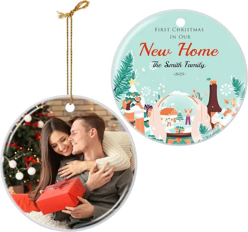 Vista 31 de Adornos de Navidad Personalizados 2025 de Cerámica con Imagen y Texto Personalizados, Ornamento Colgante, Decoraciones Personalizadas para Árbol