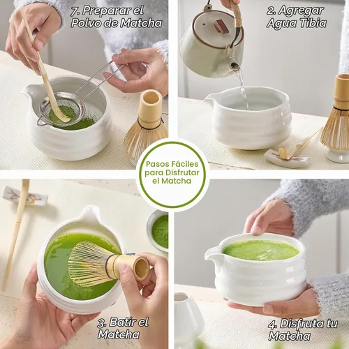 Vista 4 de Juego de batidor de matcha, juego de té japonés (5 piezas) incluye cuenco de matcha con boquilla (19 onzas), batidor de bambú y cuchara de matcha