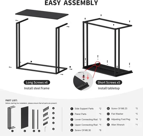 Vista 8 de Mesa auxiliar en forma de C, moderna mesa auxiliar con marco de metal, diseño que ahorra espacio para sala de estar, mesa de sofá de superficie Negro