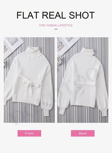Vista 4 de Dokotoo Suéteres de cuello alto para mujer, manga larga, cintura con cinturón, suéter de punto