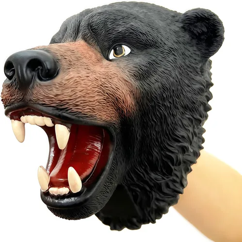 Vista 6 de Gemini&Genius Juguete de oso para niños, marioneta de mano de oso – Oso negro americano de goma suave Bruin Head juguete para juegos de rol, cuentos