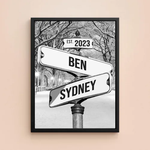 Vista 26 de Señal de calle vintage personalizada para parejas en lienzo, nombres y fecha personalizados, regalos de Navidad para ella o él, regalo del Día