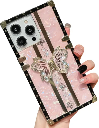 Vista 31 de Funda Rectangular de Lujo Femenina Compatible con iPhone 16 Pro Max Diseñada con Soporte de Anillo de Diamante con Función de Atril