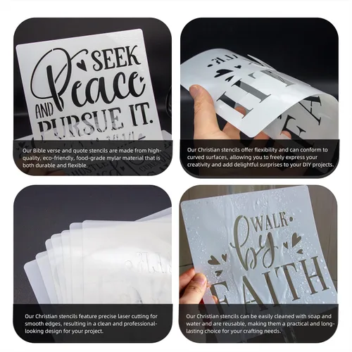 Vista 8 de Juego de plantillas inspiradoras de palabras, 16 plantillas de fe cristiana con citas y versículos de la Biblia, ideal para pintar en madera