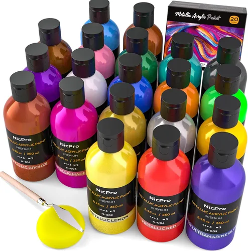 Vista 6 de Nicpro Juego de pintura acrílica metálica (16.9 oz, 500 ml), 14 colores de pintura acrílica grande a granel, suministros de pintura de arte