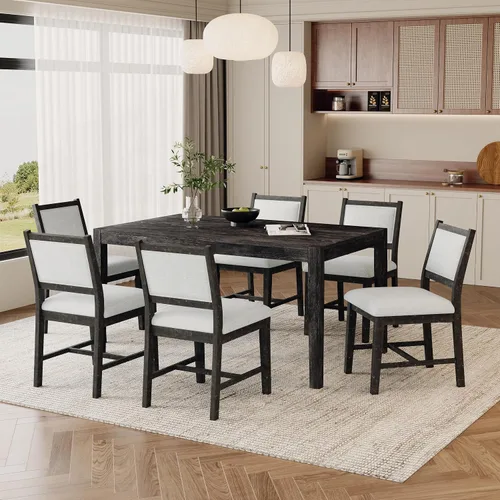 Vista 76 de Juego de mesa de comedor vintage de 6 piezas, juego de mesa de comedor de cocina de madera maciza con 4 sillas ergonómicas acolchadas y banco, mesa