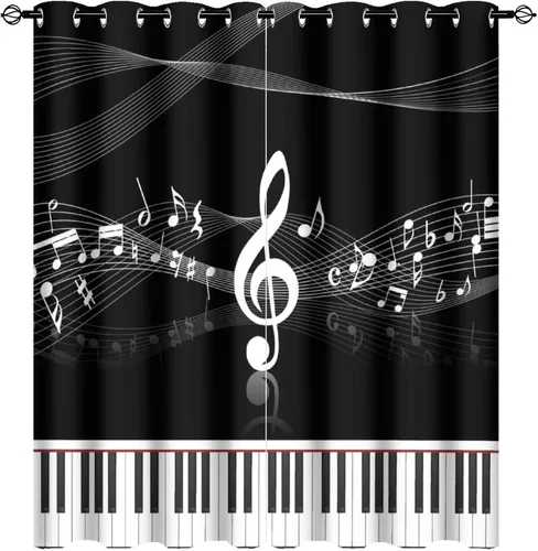 Vista 16 de Cortinas opacas de oscurecimiento de habitación con ojales, diseño rústico de símbolos musicales blancos y negros, tratamiento de ventana