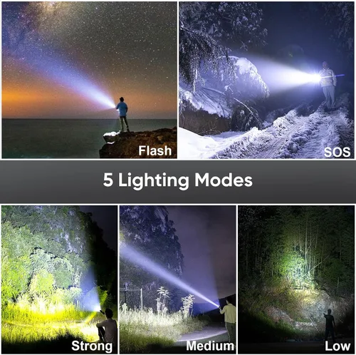 Vista 6 de Linternas recargables de alto lúmenes, linternas LED de mano de haz largo de 4,921.3 ft, linterna táctica súper brillante con pantalla